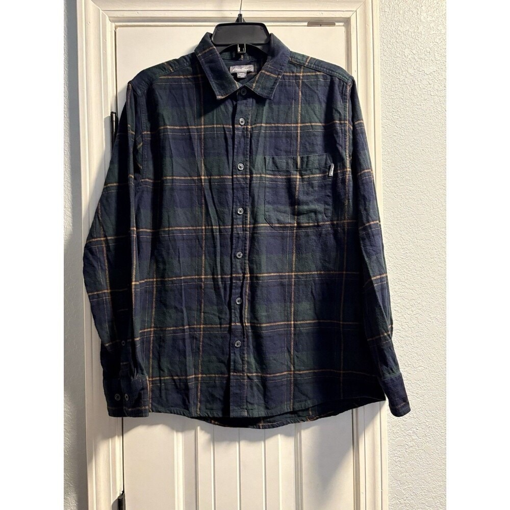 Eddie‎ Bauer Mens Flannel Shirt Medium Plaid Blue Green Button Up Outdoor